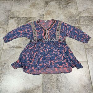 J Jill Top Womens Medium Petite Orange Blue Embroidered Cotton Blend Tunic Boho